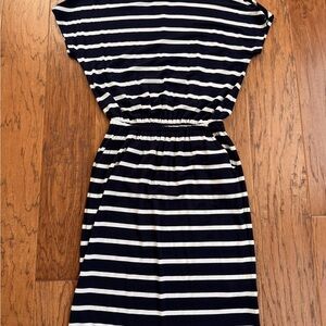 Banana Republic Navy and White Striped Elastic-Waist Dress with pockets